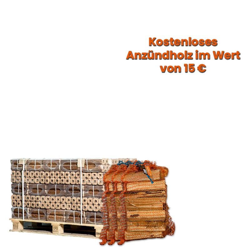 Halbe Palette Holzbriketts nach Wahl + gratis 3 Säcke Anzündholz im Wert von 15 € — Ansicht 1