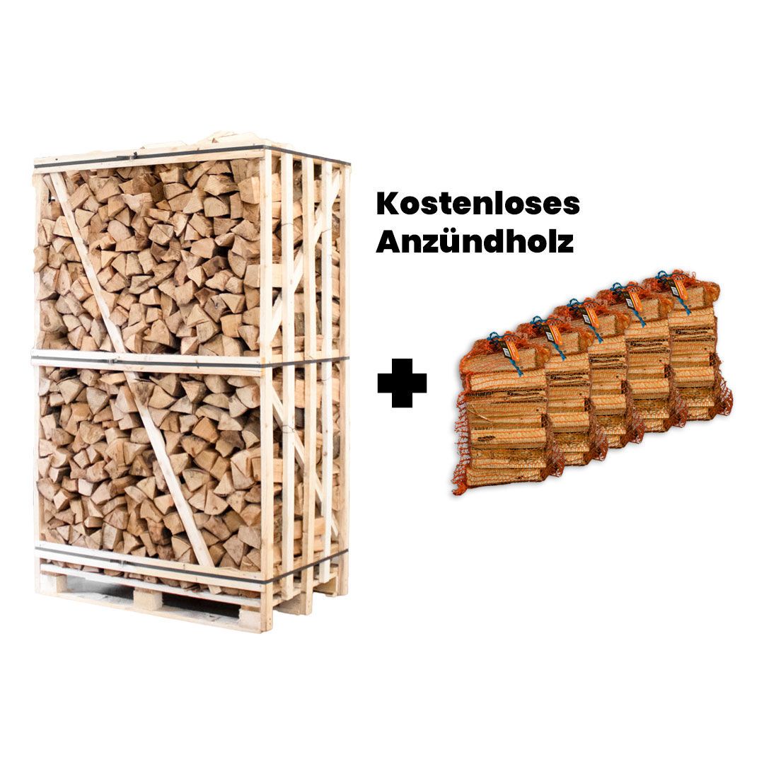 Palette Buche Brennholz 25cm + gratis 5 Netzsäcke Anzündholz — Ansicht 1