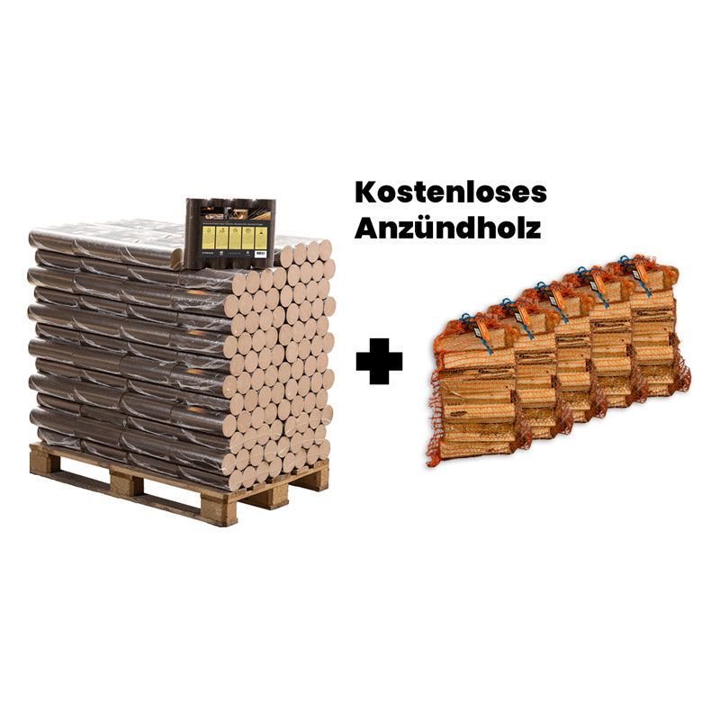 Palette Runde Buchen Briketts + 5 Säcke Anzündholz gratis — Ansicht 1